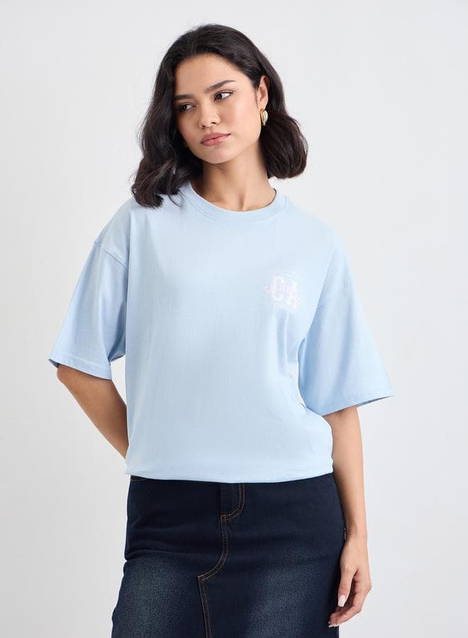 Styli Slogan Print Blue Oversized Crew Neck T-Shirt - Image 1