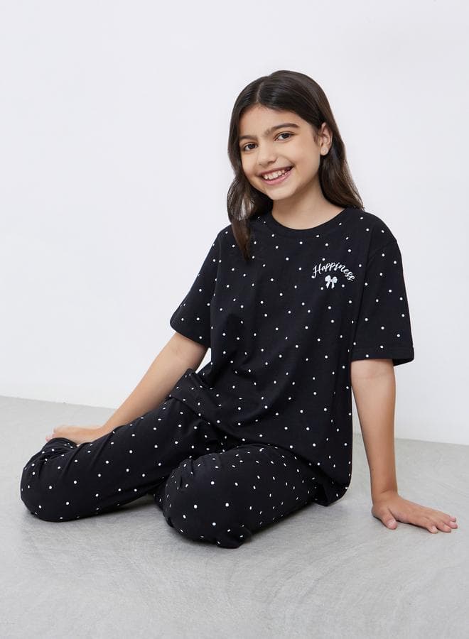 Styli Teen Girls Polka Dot Cotton Nightsuit Set - Image 1