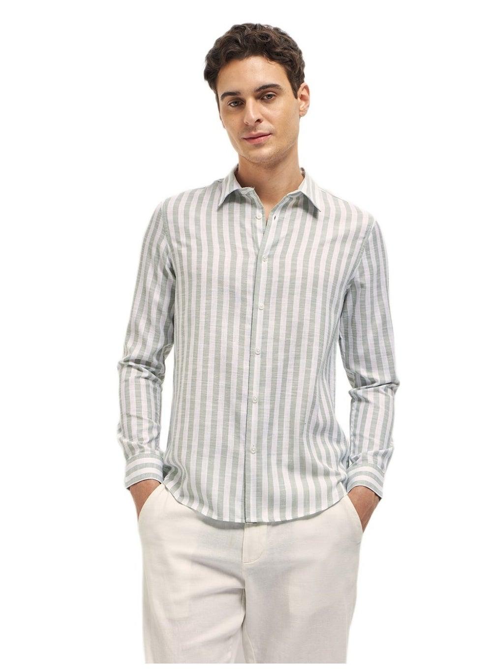 Men’s White Striped Long Sleeve Shirt Classic Collar Style - Image 1