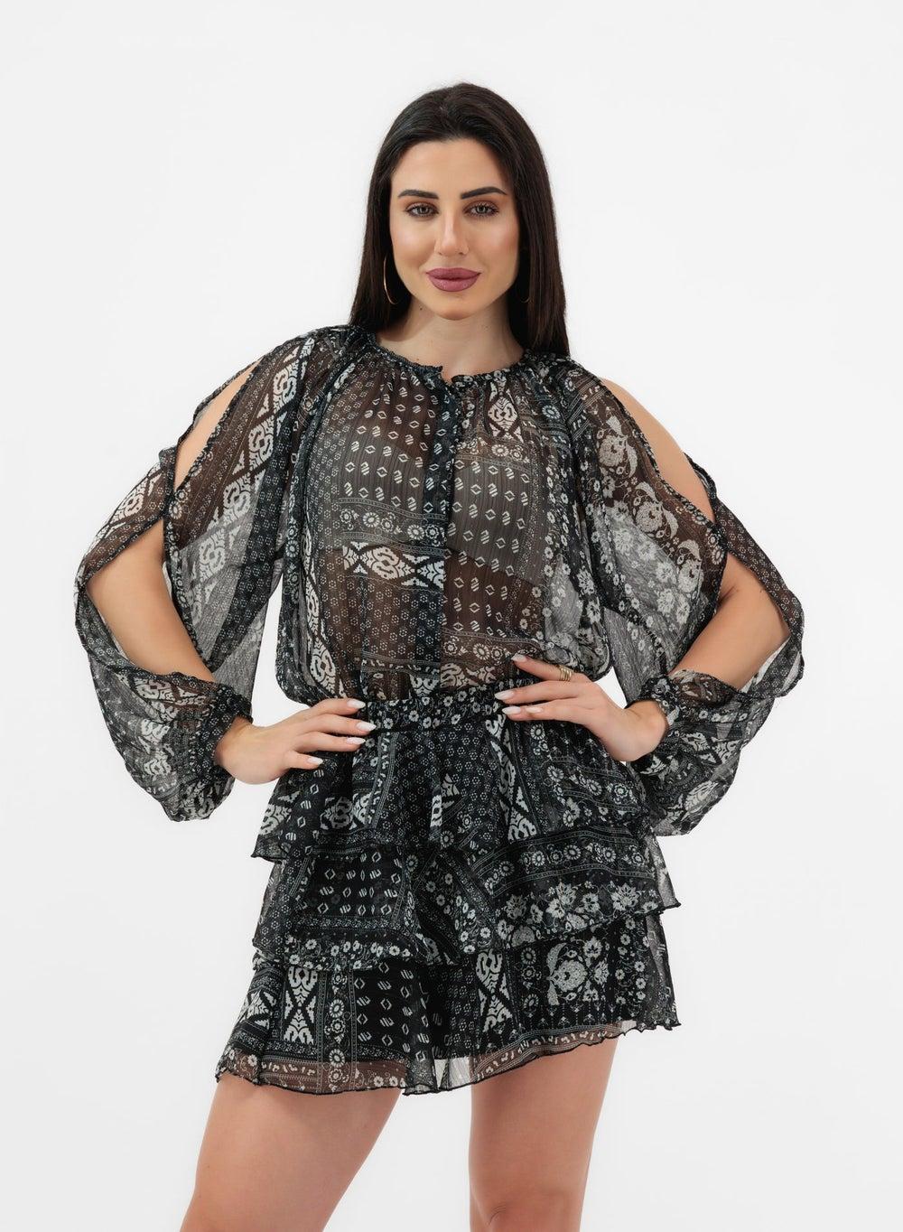 Patterned Cut-Out Shoulder Shirt - Image 1