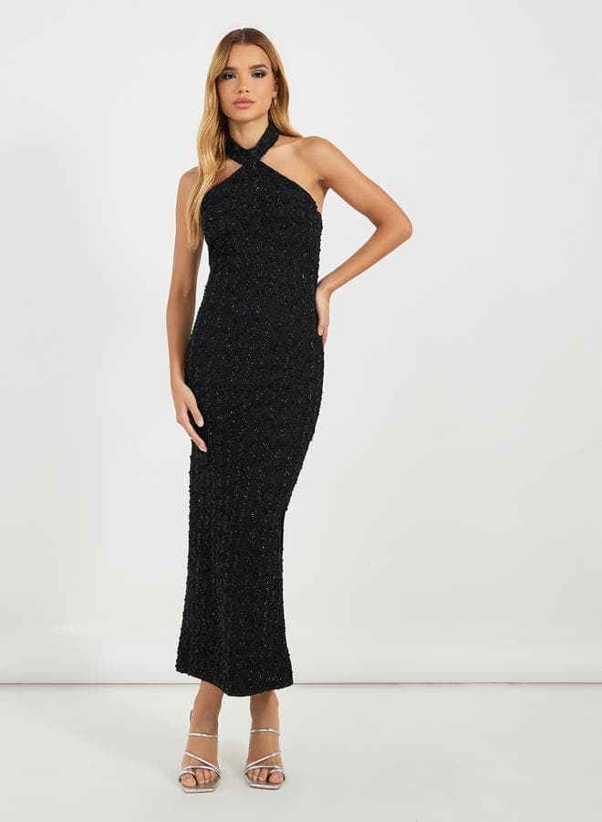 Embellished Black Halter Neck Bodycon Maxi Dress 7010098401 - Image 1