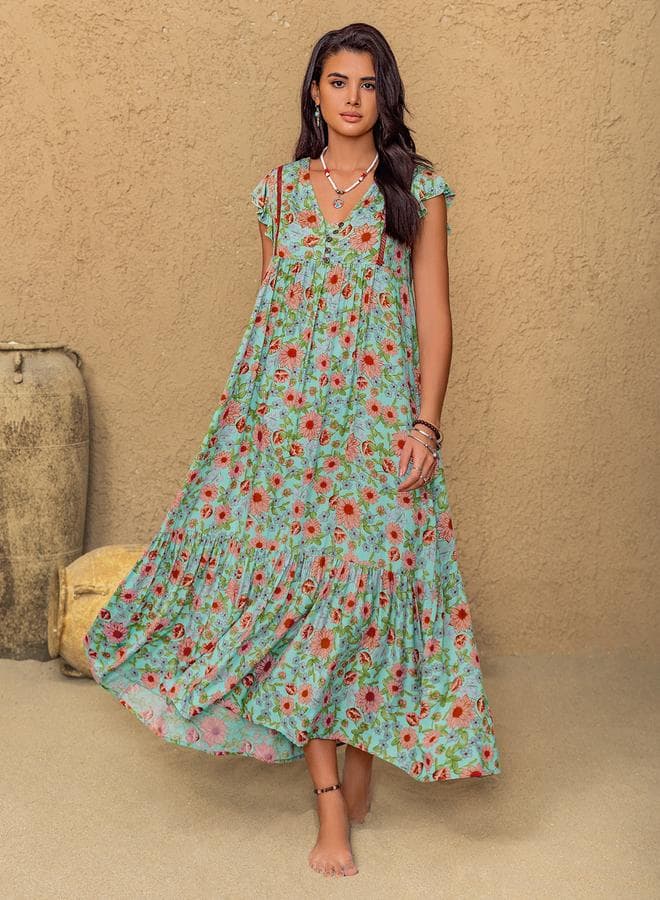 Light Blue Floral V-Neck Maxi Dress - Image 1