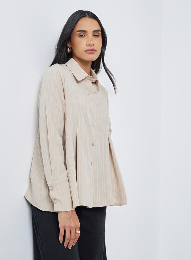 Beige Textured Pleated Spread Collar Shirt - Image 1