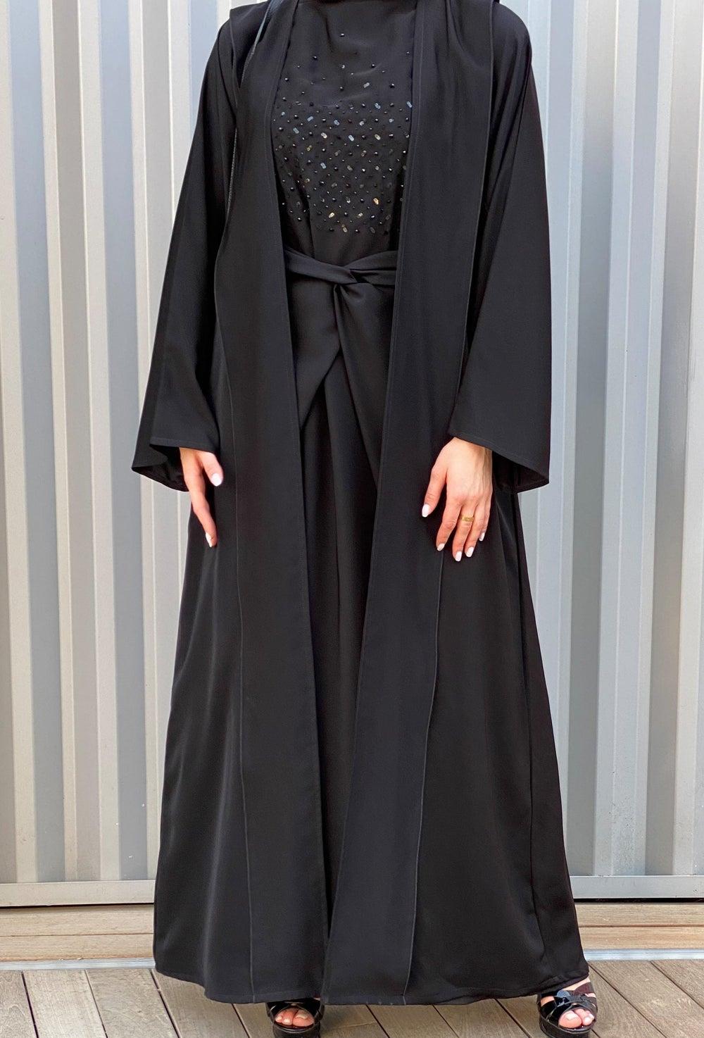 Black Embroidered Flared Sleeve Abaya Set - Image 1