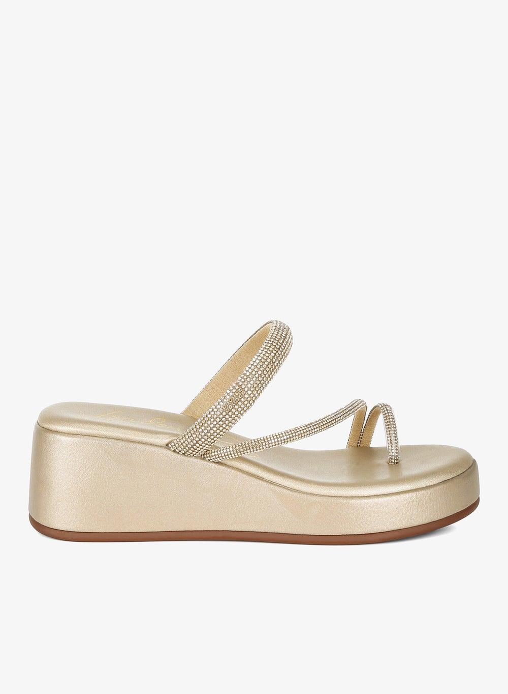 Gold Rhinestone Toe Loop Wedge Sandals Sh4898 - Image 1
