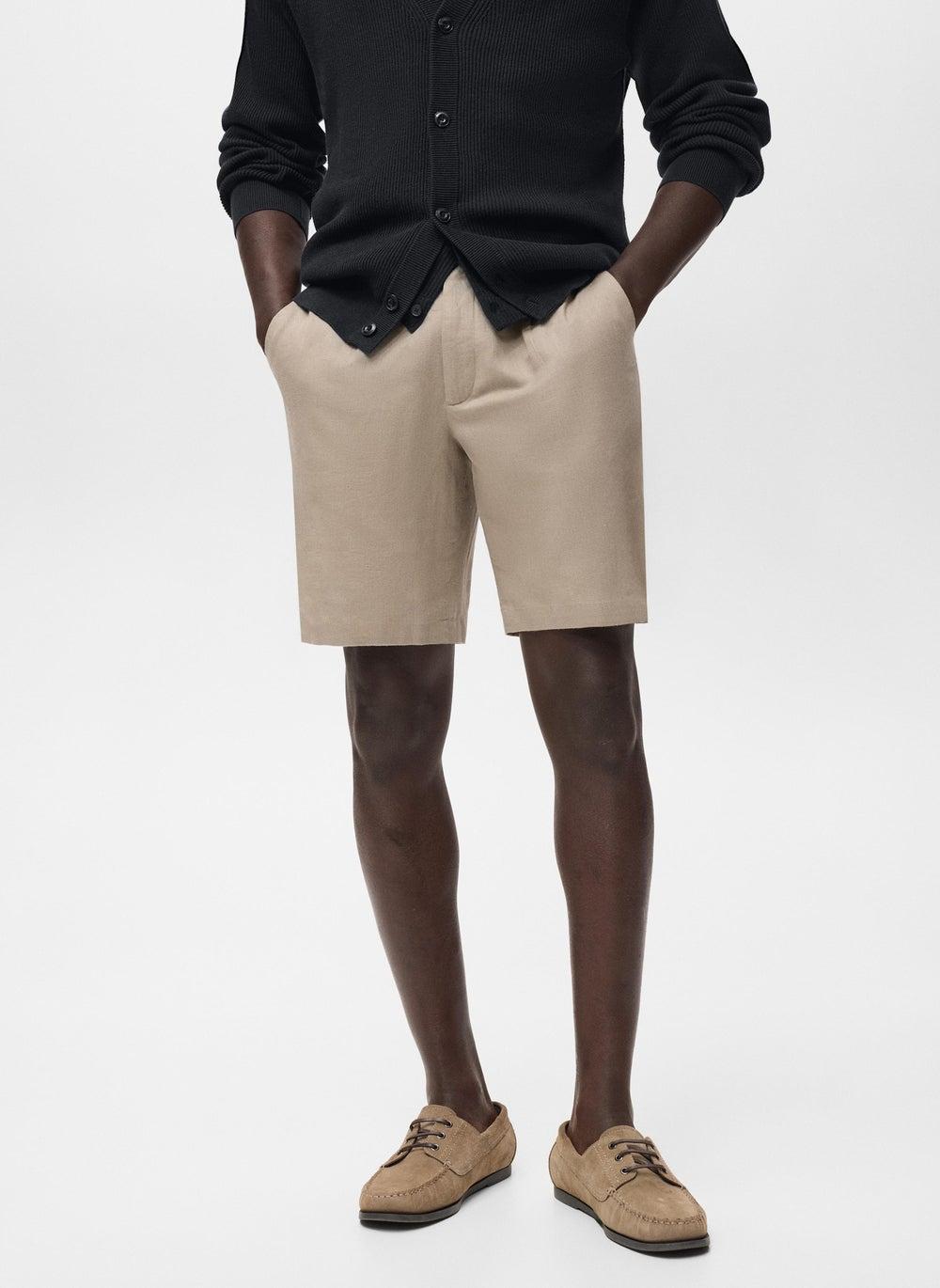 Beige Linen-Cotton Slim Fit Bermuda Shorts 17055975 - Image 1
