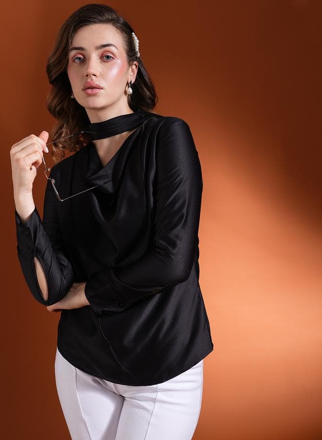 Black Satin Cowl Neck Blouse – Classic Fit - Image 1