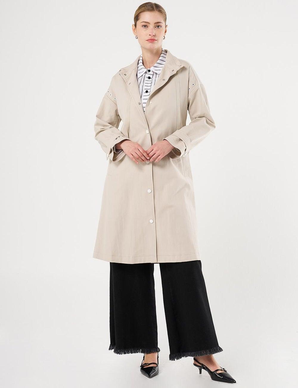 Stone Grosgrain Tie Stand Collar Trench Coat - Image 1