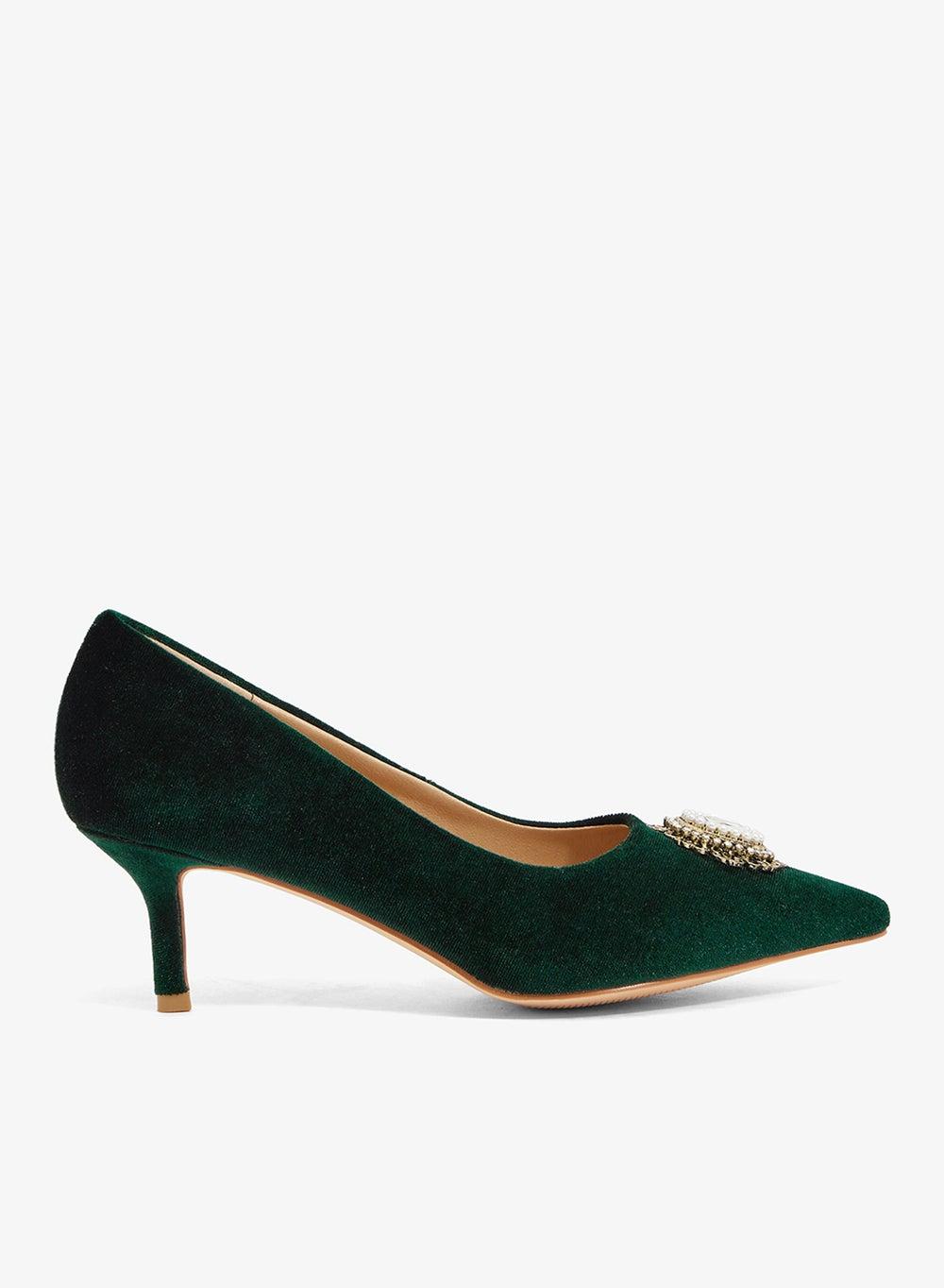MH15 Dark Green Velvet Crystal Brooch Pump - Image 1