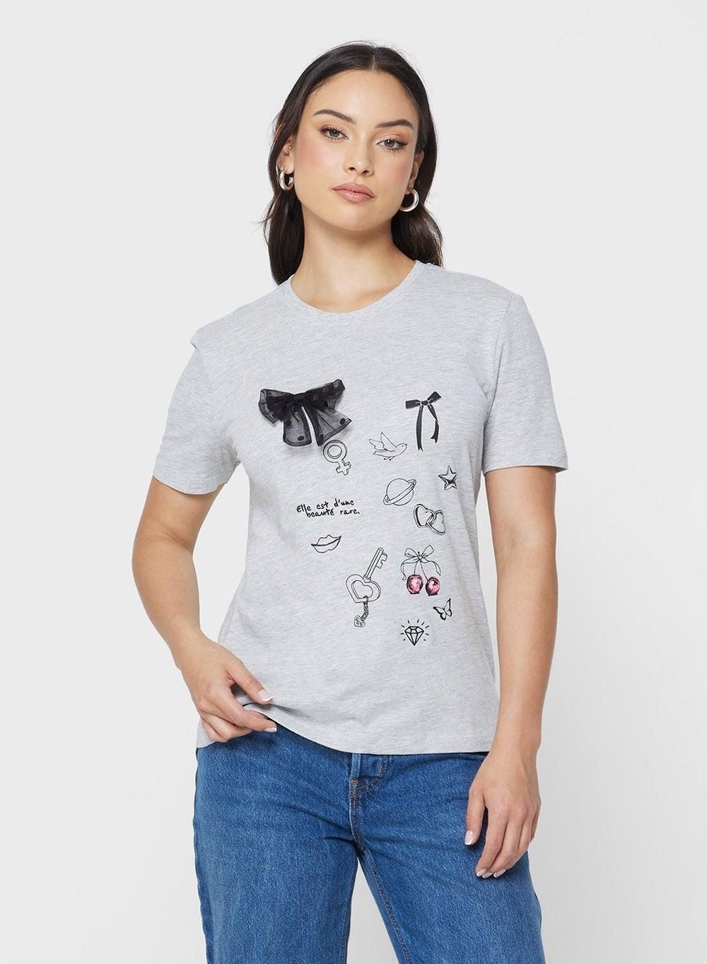 Light Grey Beauté Bow Detail Short Sleeve Top - Image 1