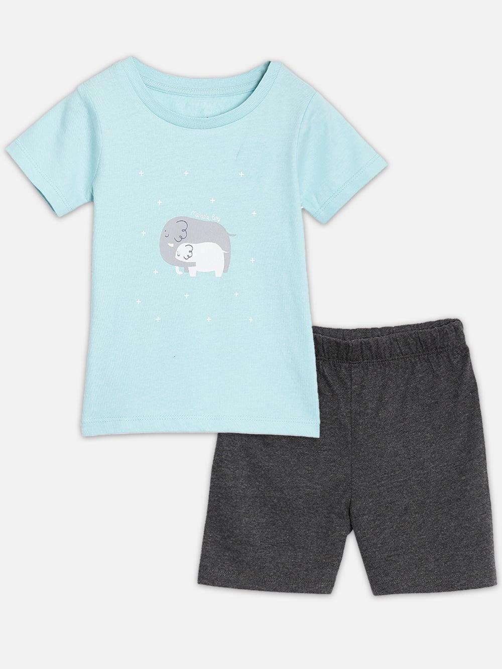 Broon Infant Boys Blue Black Organic Cotton T-Shirt Shorts Set - Image 1