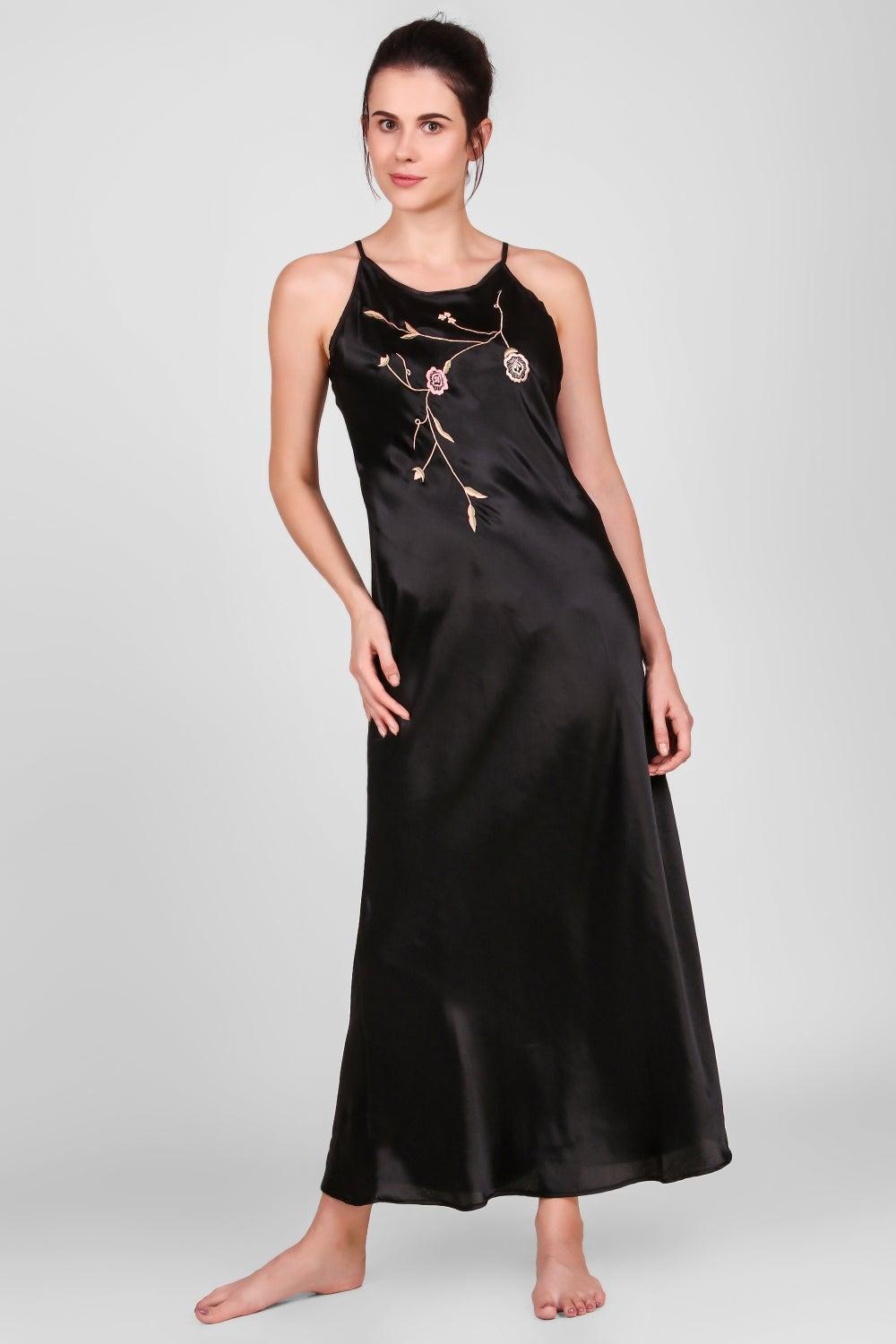 Zazie Black Satin Nightdress with Hand Embroidery - Image 1