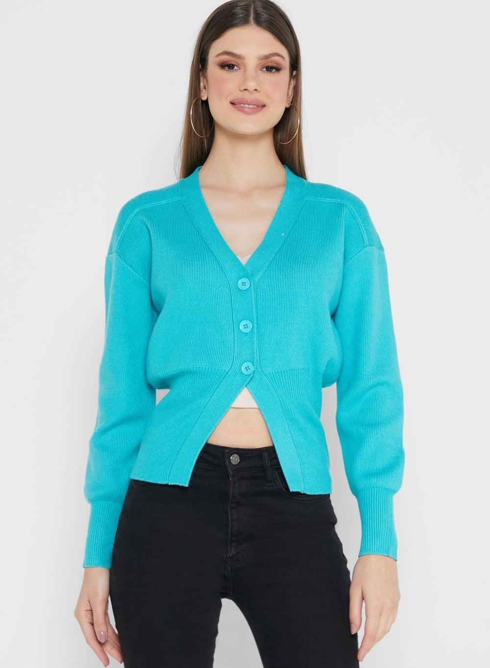 Puff Sleeve Knit Cardigan N8052 in Green - Image 1