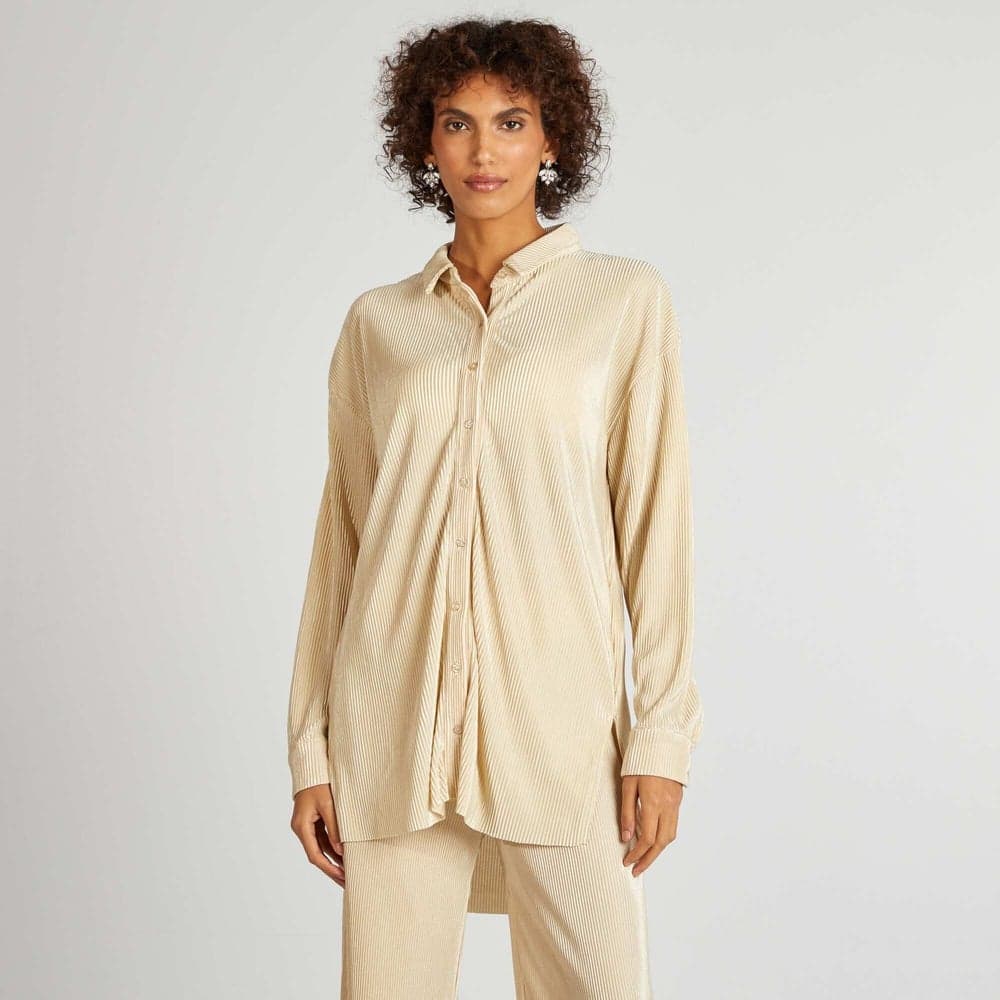 Beige Pleated Knit Longline Shirt for Women - Image 1