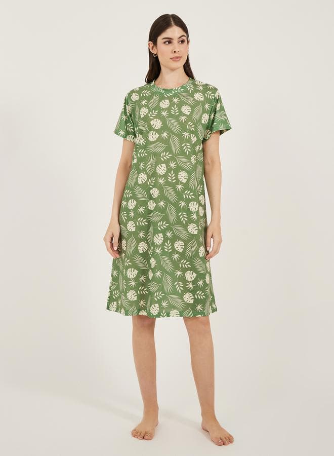 Leaf Print Dropped Shoulder Sleep T-Shirt 7012073920 - Image 1