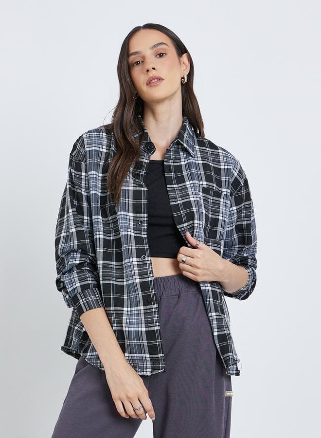 Styli Black Checked Oversized Buttoned Shirt with Pocket - Image 1