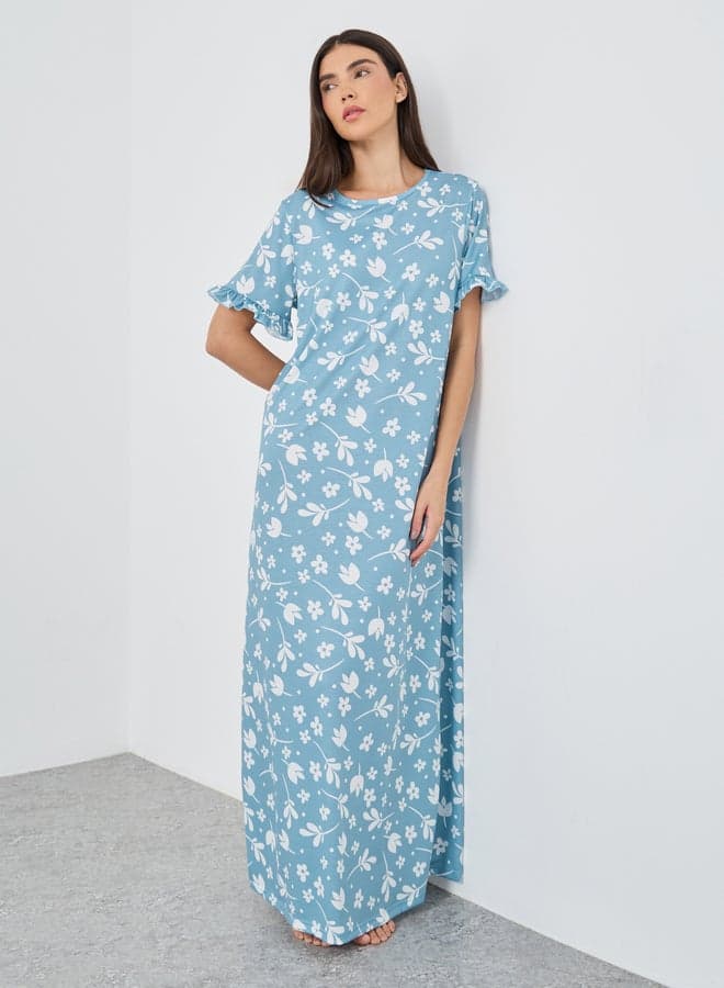 Tropical Print Ruffle Sleeve Sleep T-Shirt Dress - Image 1