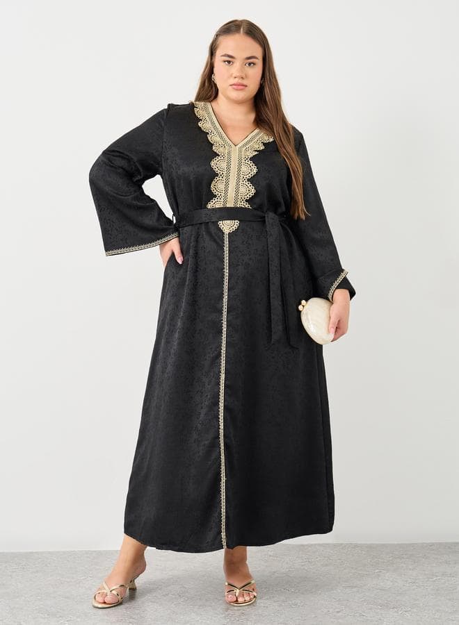 Black Jacquard Plus Jalabiya with Tie Belt - Image 1
