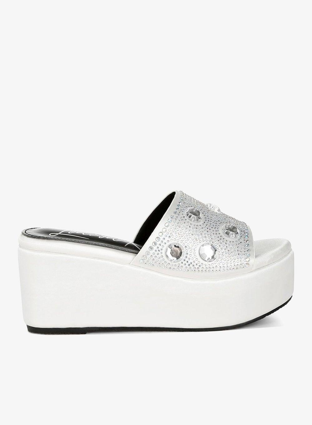 White Diamante Rhinestone Flatform Sandals Sh4813 - Image 1
