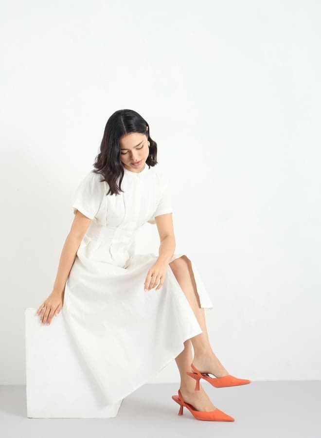 Styli White Cotton Midi Shirt Dress Pleated Classic - Image 1