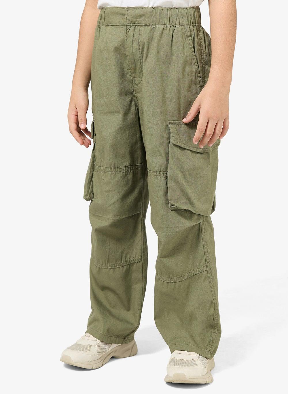 Boys Olive Cotton Canvas Parachute Cargo Trousers - Image 1