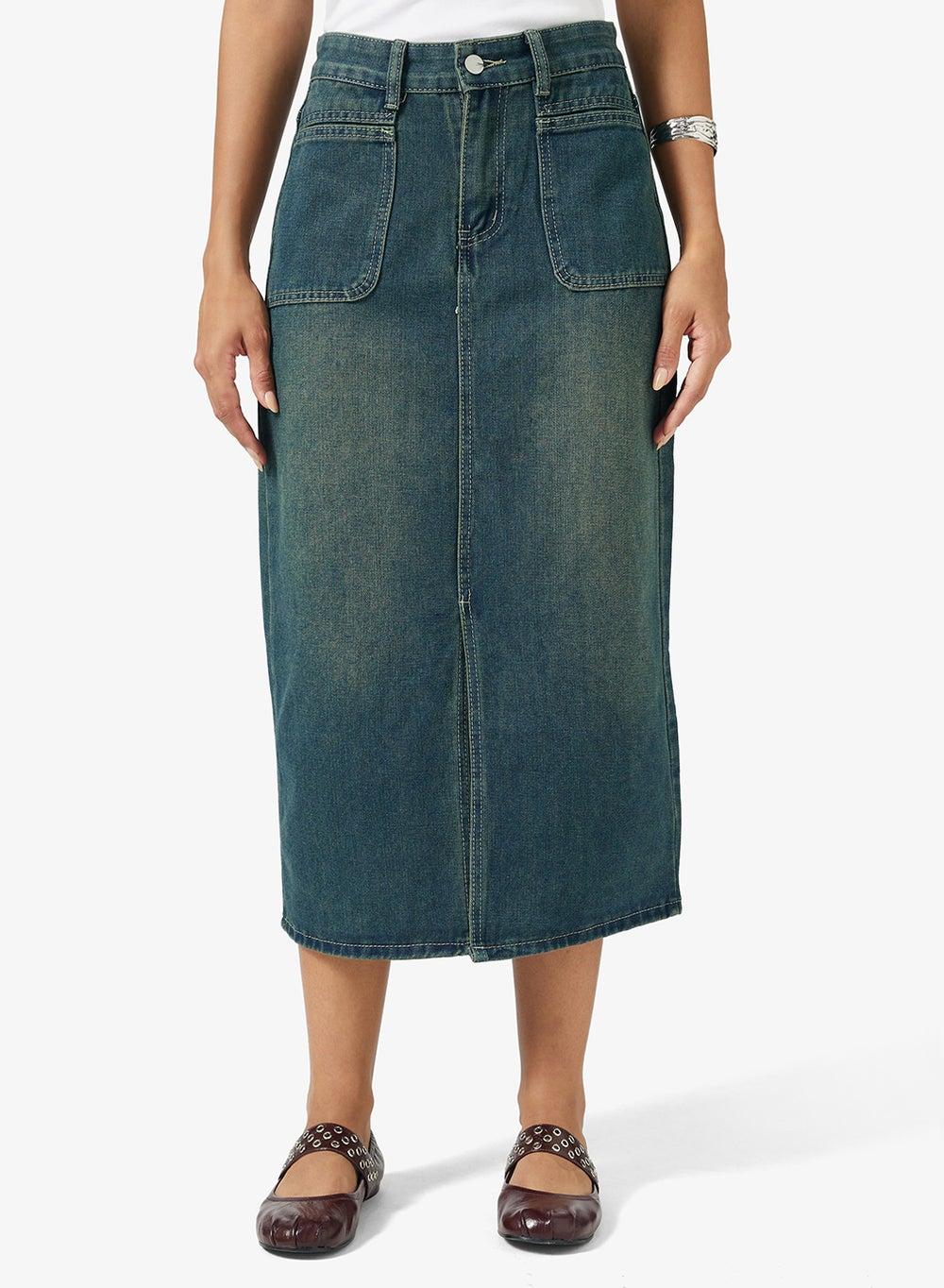 High-Rise Blue Denim A-Line Maxi Skirt Y250613024 - Image 1