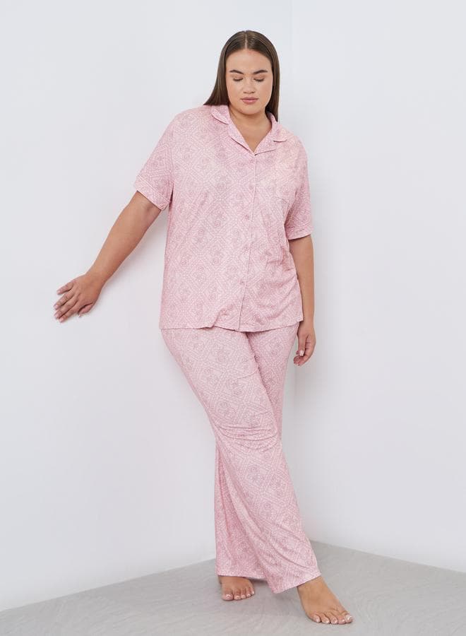 Styli Plus Pink Floral Piped Pyjama Set - Image 1