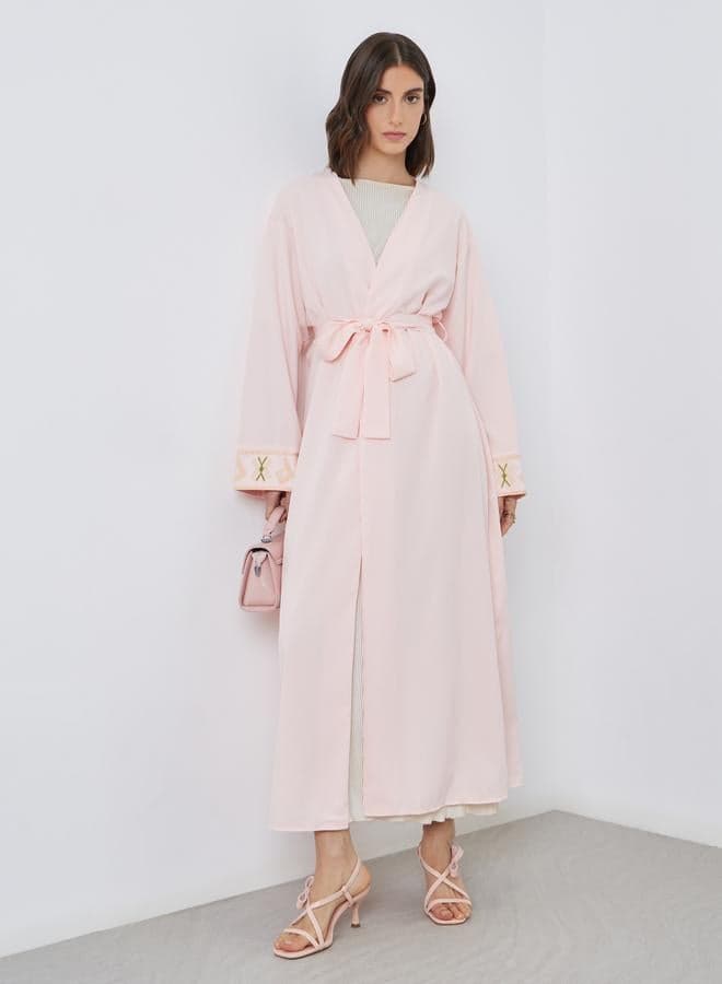 Peach Embroidered Long Sleeve Kimono Tie Kaftan - Image 1