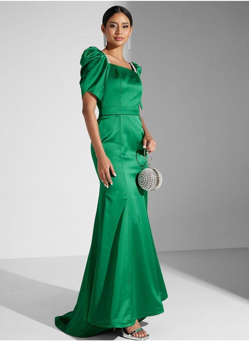 Emerald Jewel Puff-Sleeve Mermaid Maxi Dress - Image 1