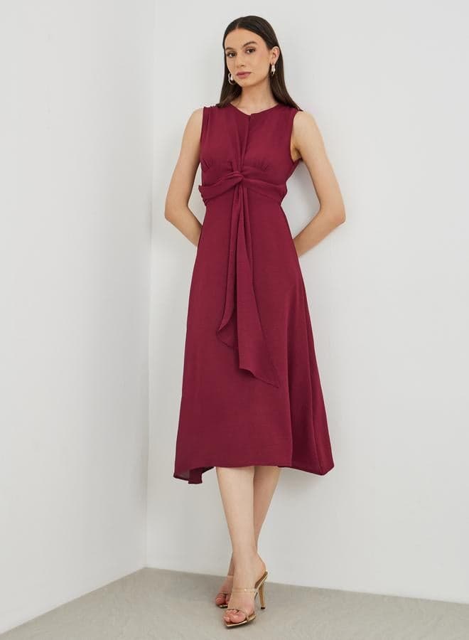 Burgundy Twist Front Sleeveless A-Line Midi Dress - Image 1