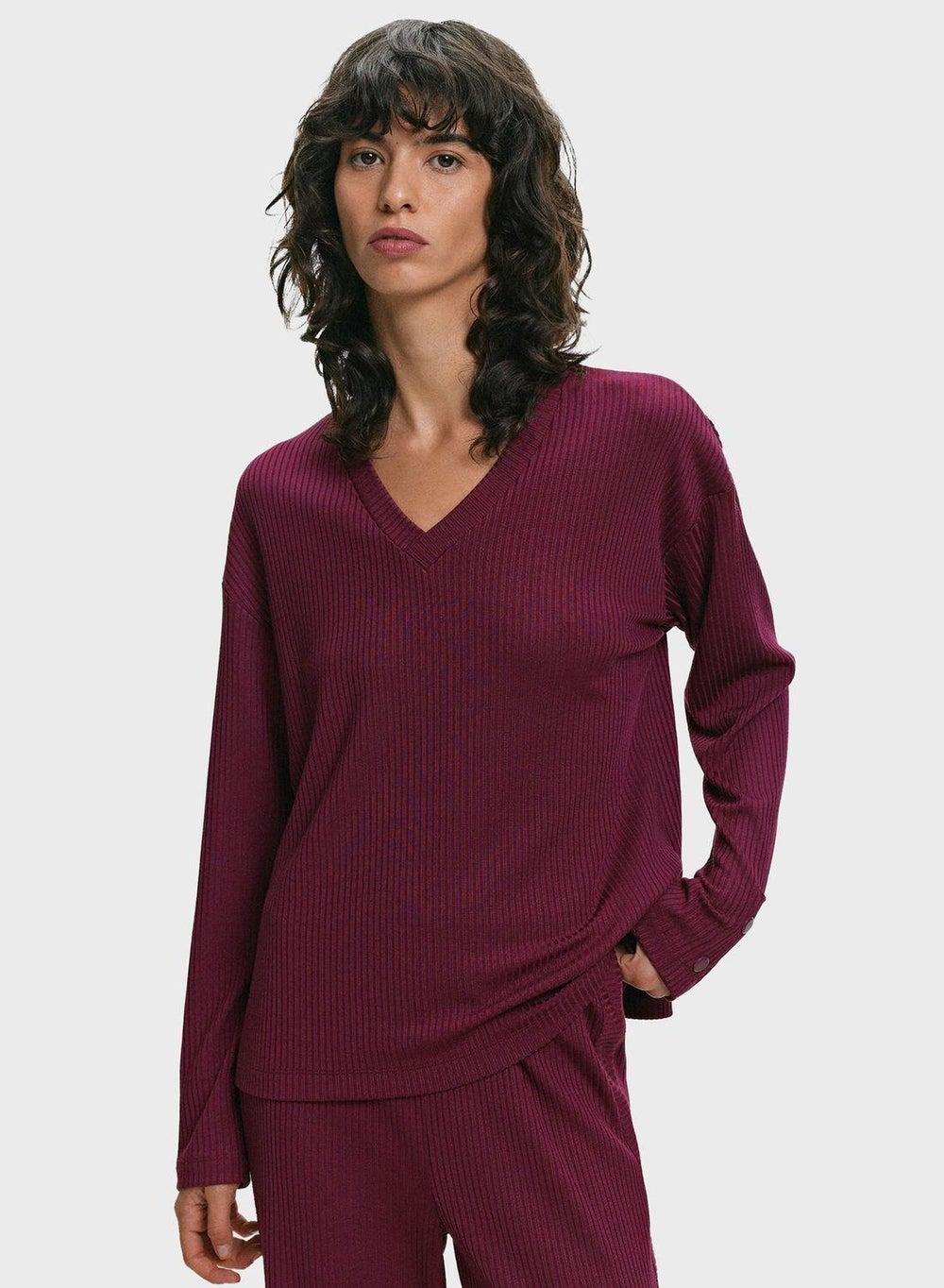 Ribbed V Neck Long Sleeve T-Shirt Classic Fit - Image 1
