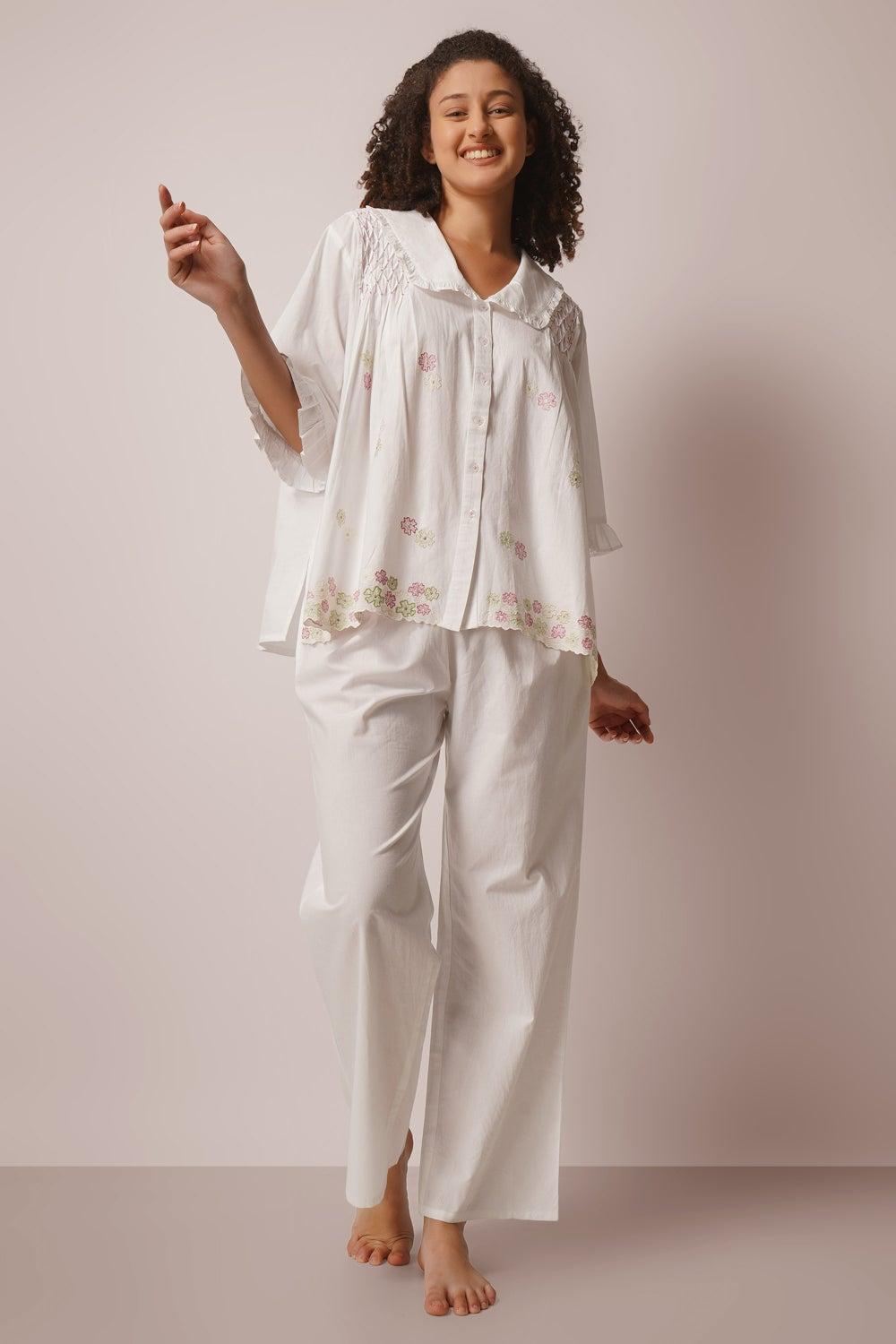 Malia Embroidered Cotton Pyjama Suit – White Oversized Set - Image 1