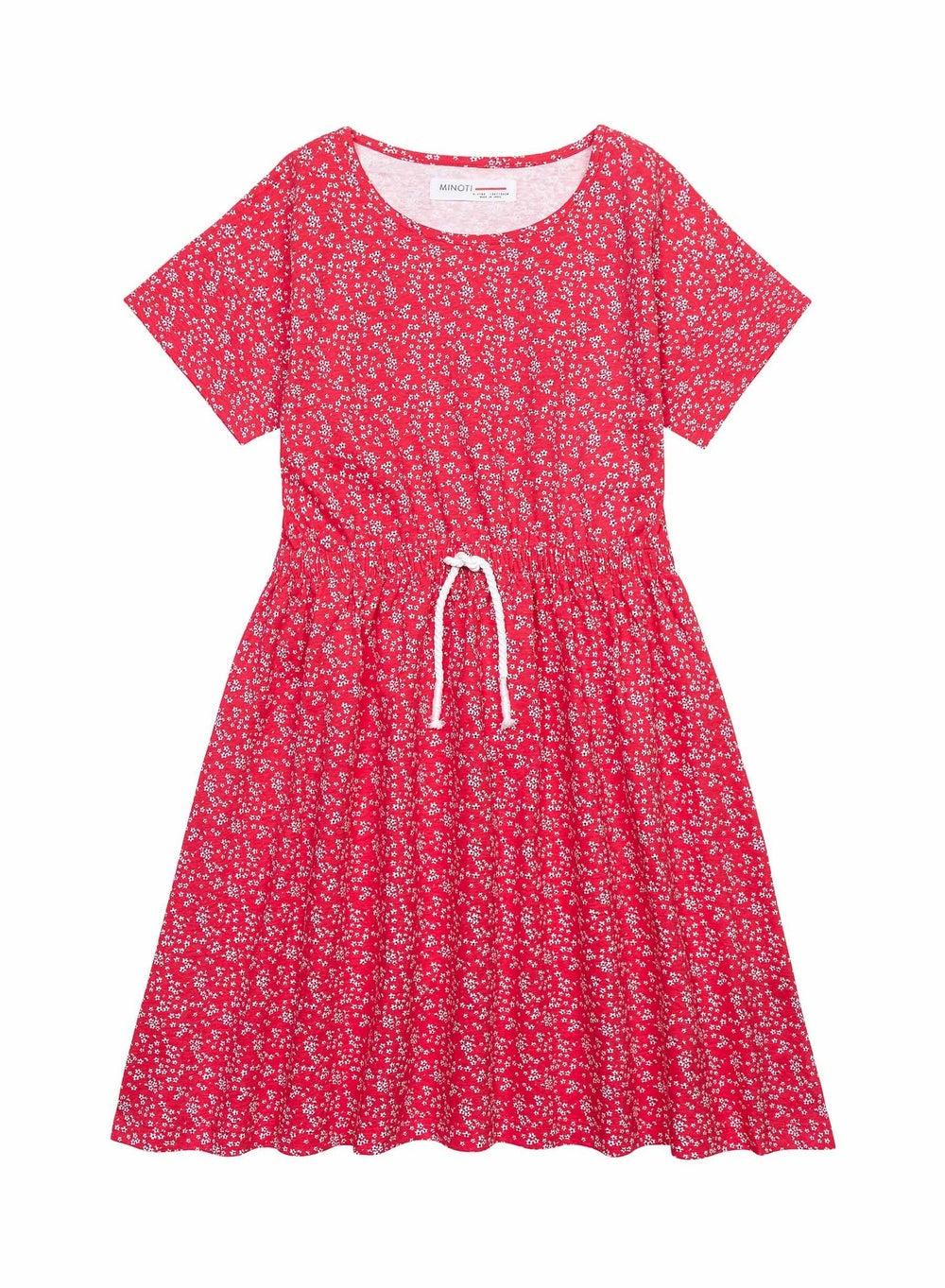 Red Floral Cotton Girls Midi Dress with Tie Waist - Image 1