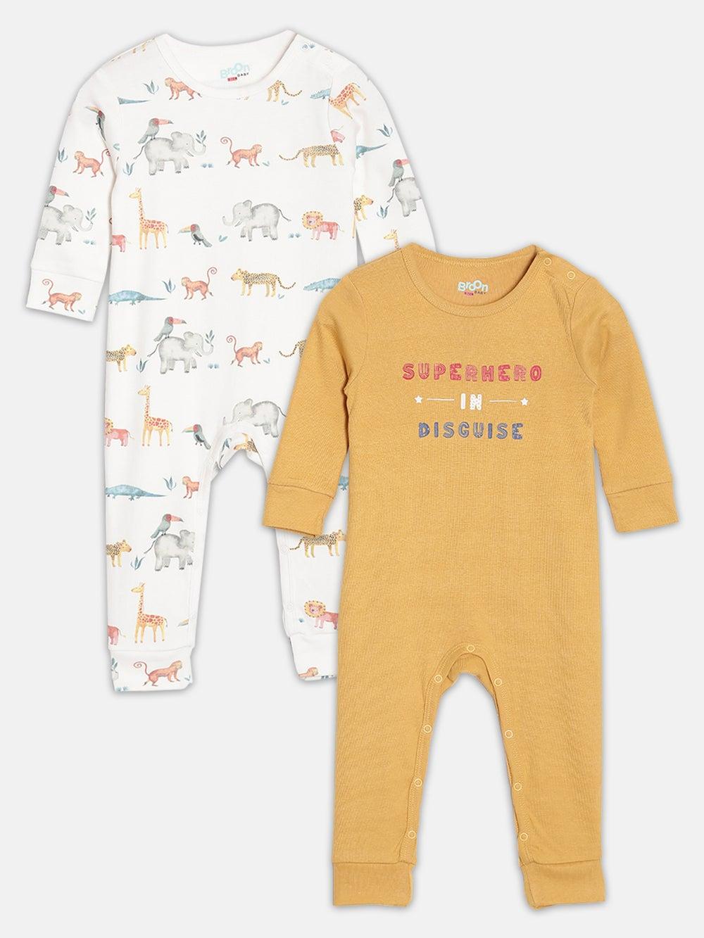 Broon Boys Organic Cotton Sleepsuit Set Mustard Off White 2 Pack - Image 1