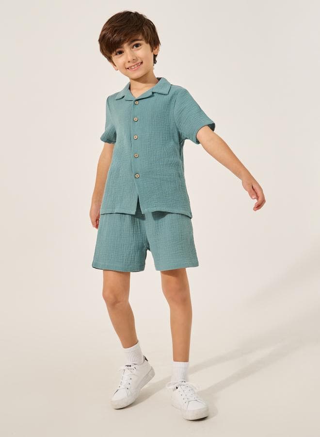 Styli Crinkled Blue Shirt & Shorts Boys Set - Image 1