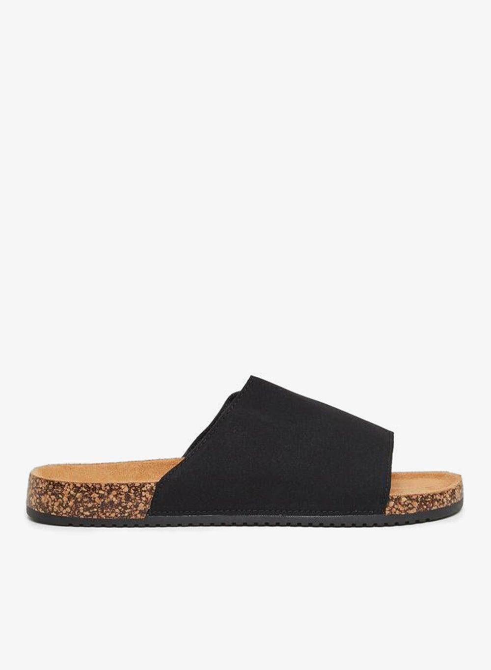 Black PU Thick Band Flat Sole Slip-In Sandals - Image 1