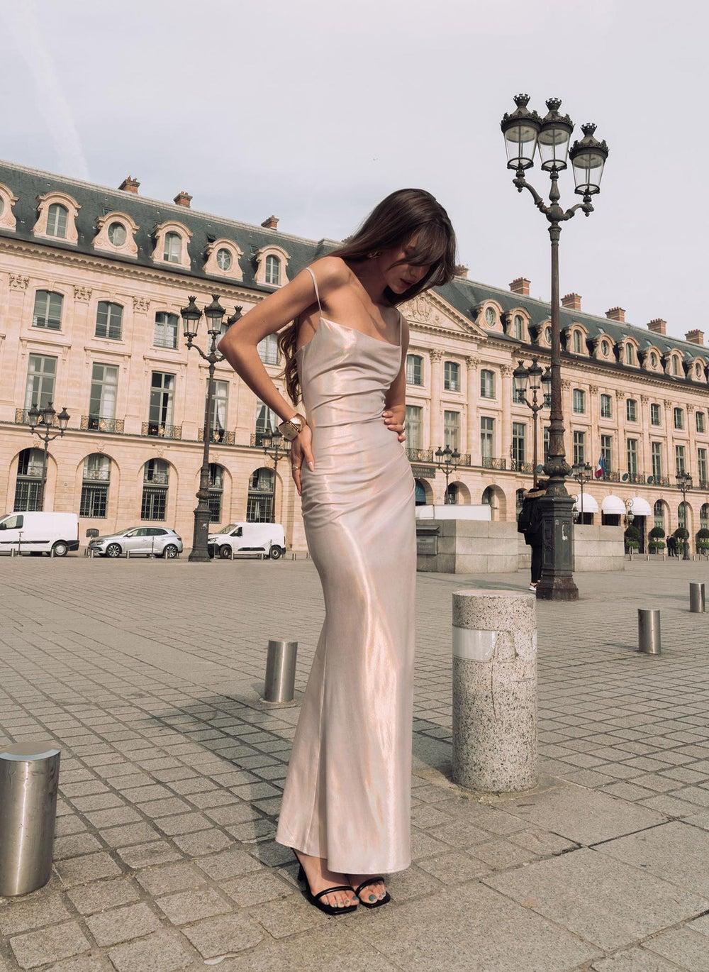 Gold Strappy Maxi Dress with Draped Side Detail - Image 1