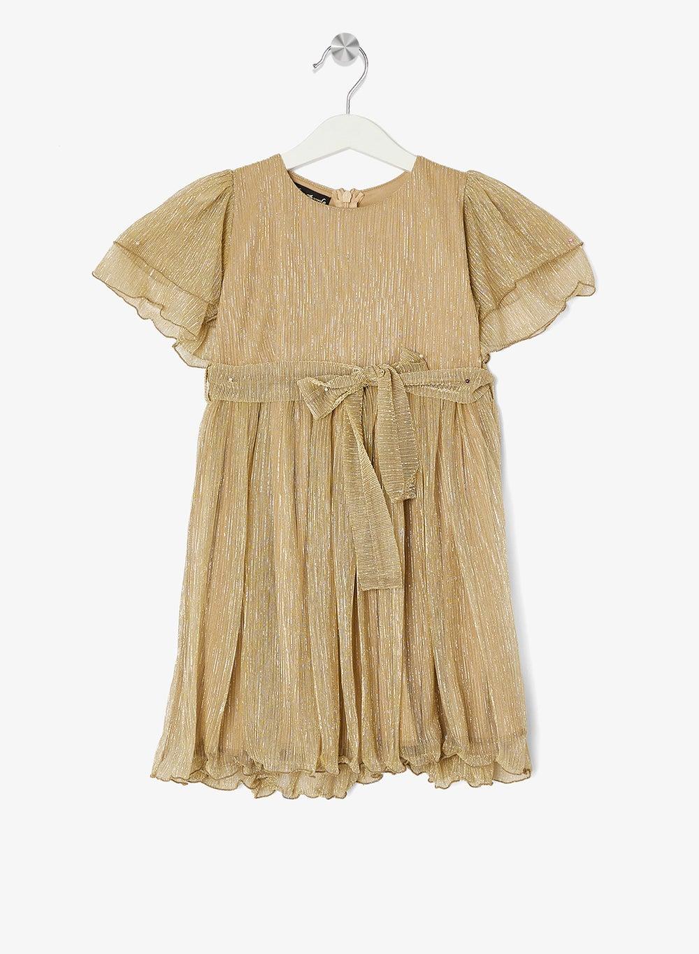 Little Metallic Pleated Gold Girls Dress - Image 1
