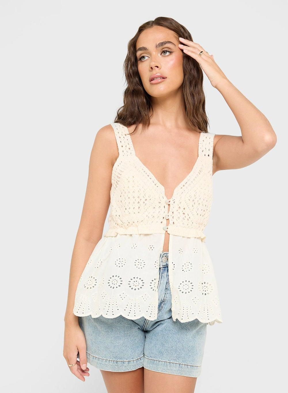 Cream Crochet Cami Top 1219 38 Lace V-Neck - Image 1