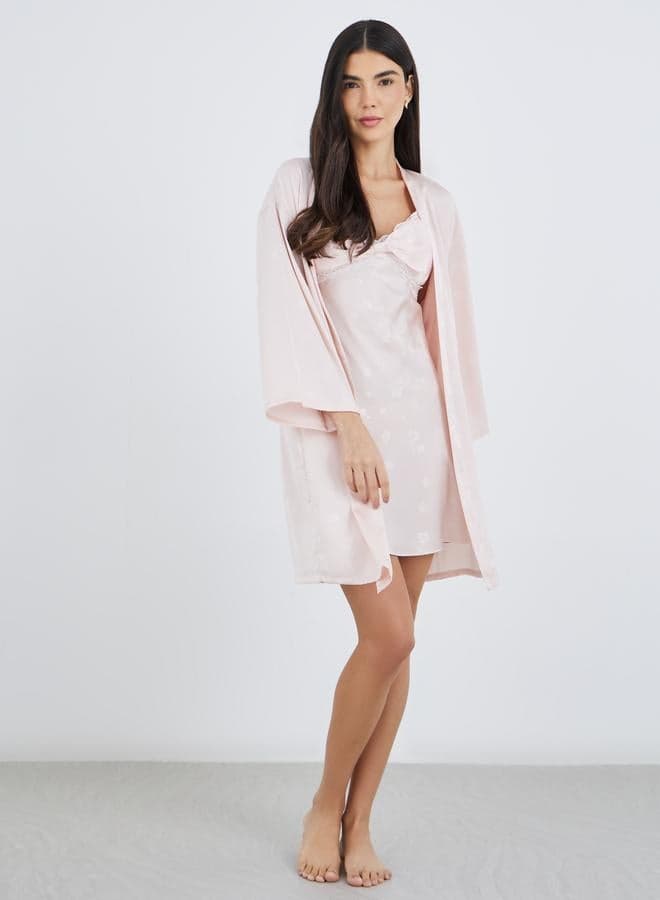 2-Pack Satin Jacquard Bow Slip Dress & Robe Set - Image 1