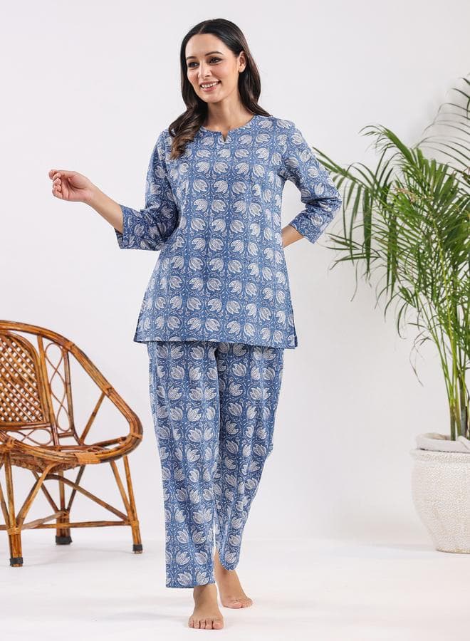 Sanskrutihomes Printed Cotton Pyjama Set Blue Classic Fit - Image 1