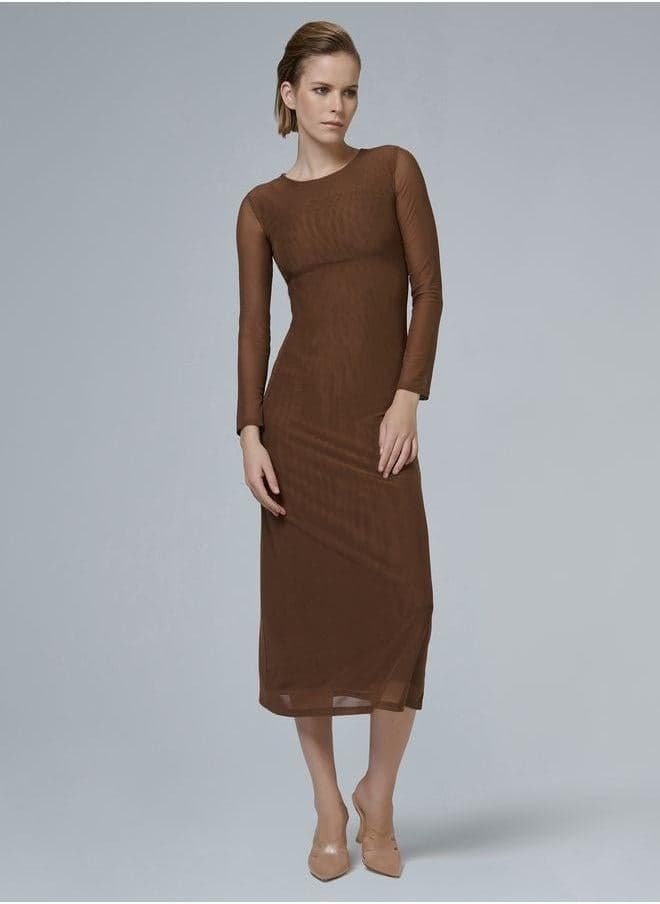 Chocolate Brown Sheer Bodycon Midi Dress - Image 1