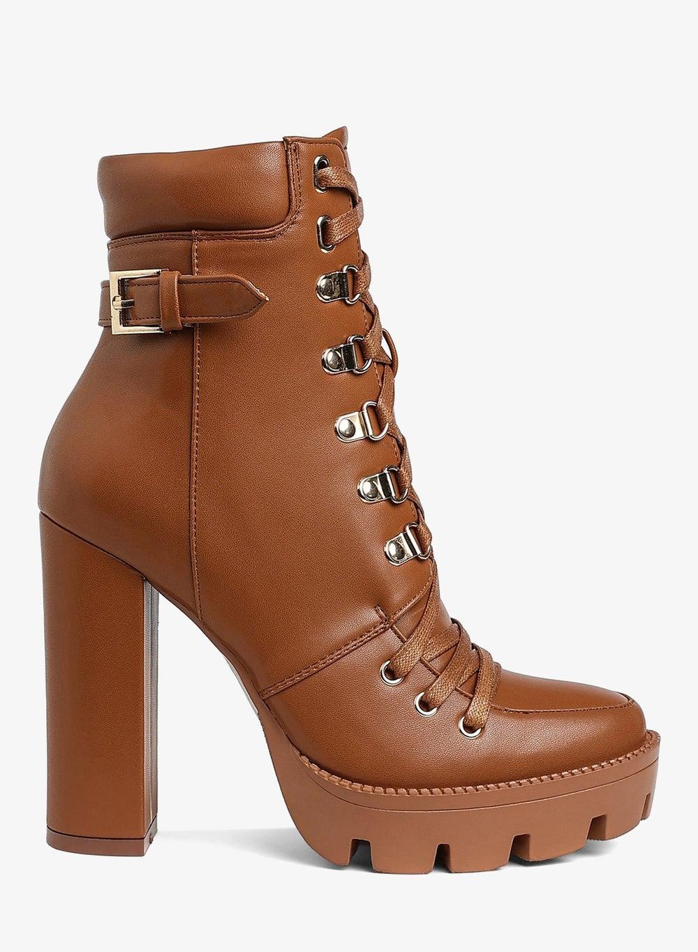 Sh1918 Tan Lace-Up Combat Ankle Boots - Image 1