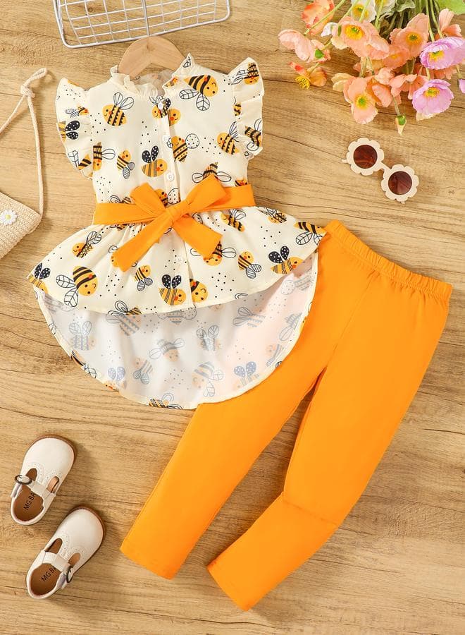 Girls Bee Print Bow Top & Leggings Set - Image 1