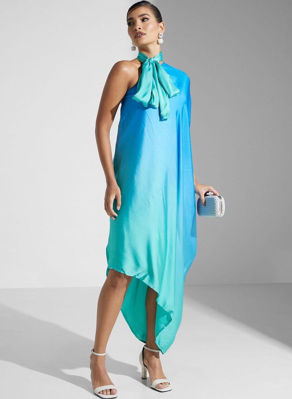One-Shoulder Tie-Up Neck Midi Evening Dress - Image 1