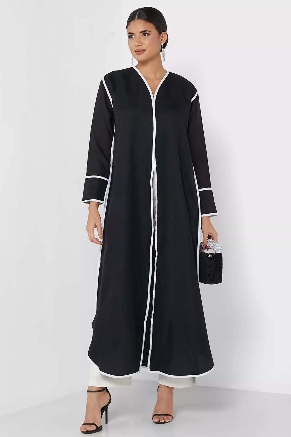 Black Stripe Detail Asymmetric V-Neck Abaya - Image 1