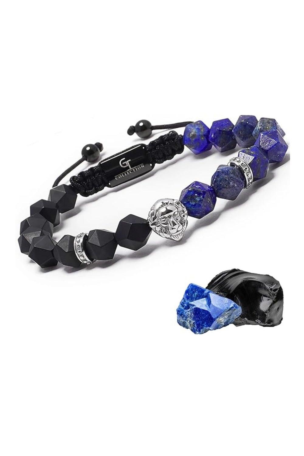 Lapis & Onyx Lion Head Men’s Bracelet Adjustable Fit - Image 1