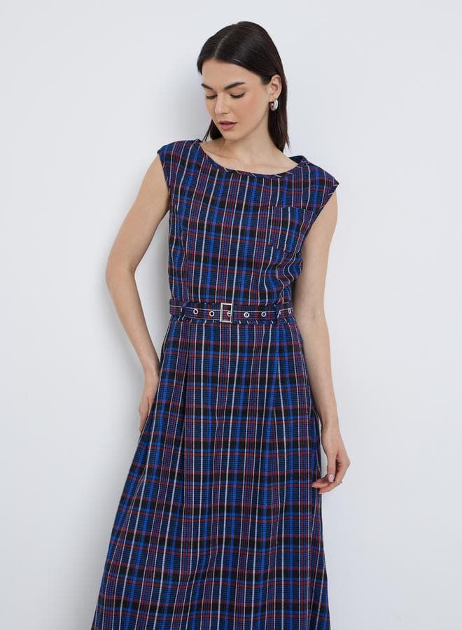 Navy Checkered Sleeveless Belted Fit & Flare Maxi Dress - Image 1