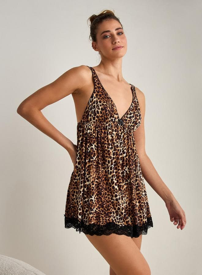 Animal Print Lace Babydoll Set with Thong - Image 1