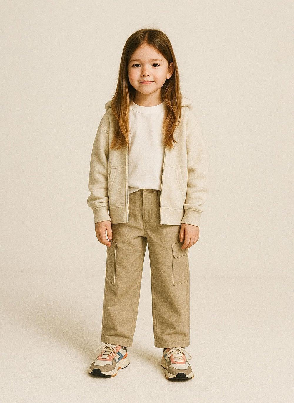 Girls Beige Wide Leg Cargo Trousers Cotton Comfort Fit - Image 1
